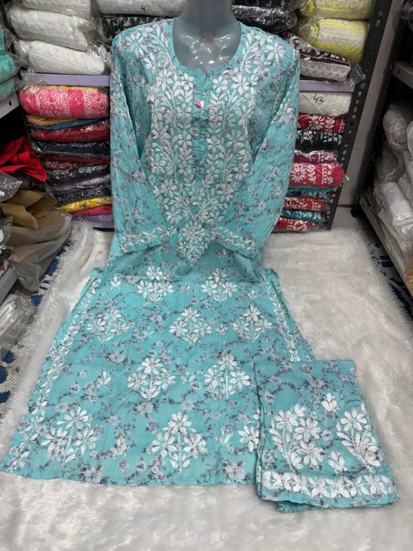 Printed mul mul cotton chikankari palazzo set